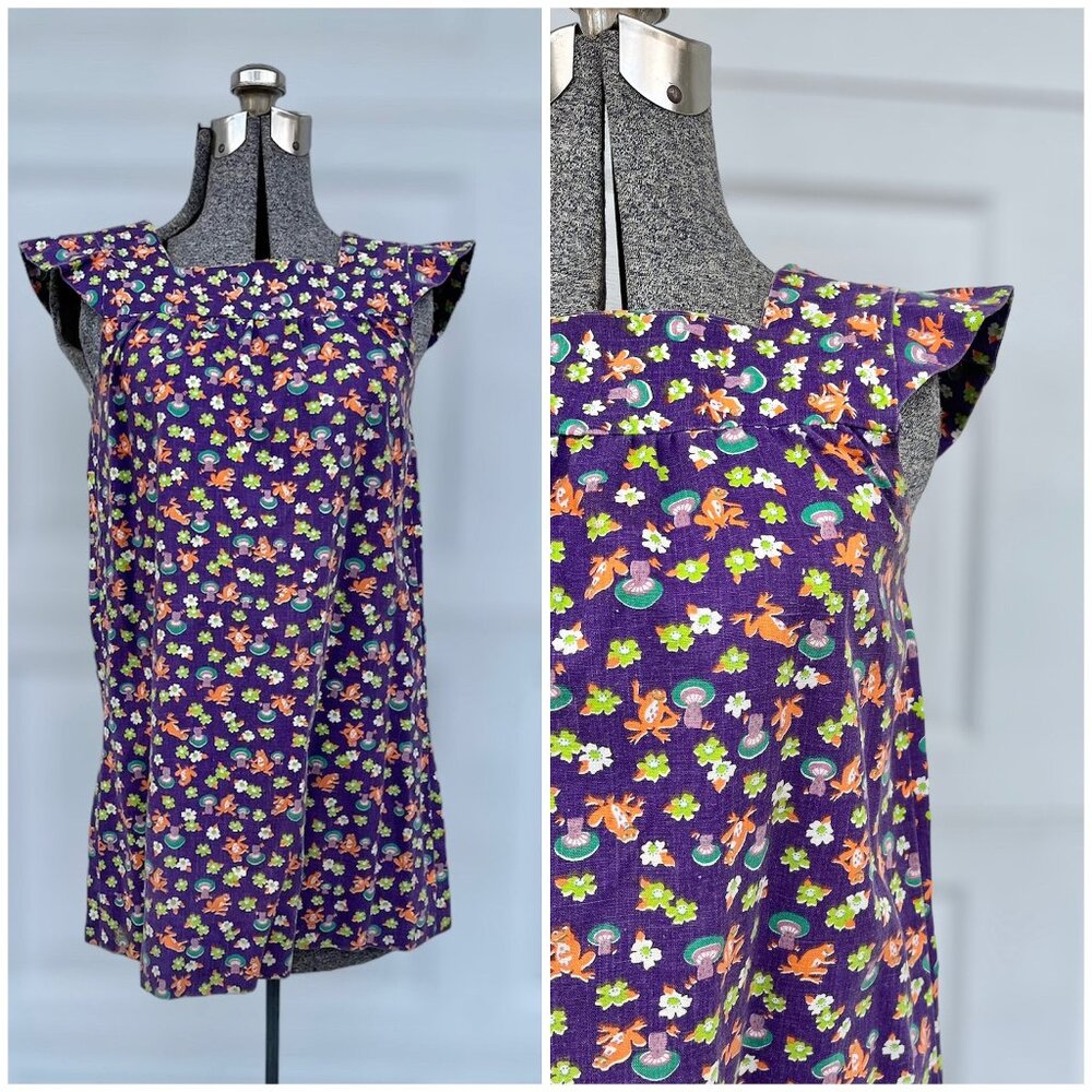 Vintage women's tunic top or mini dress with frogs and mushrooms S
